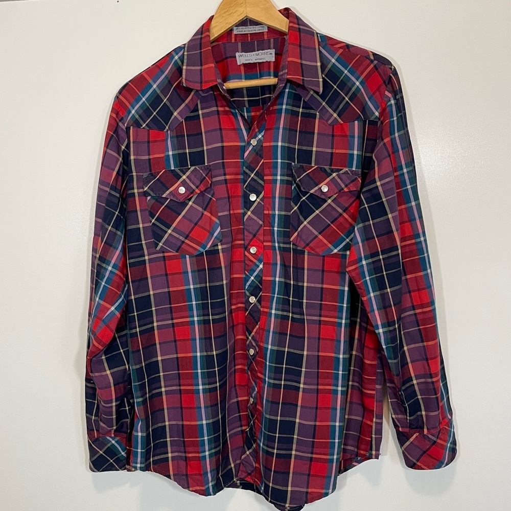 Wells & Morris Vintage Red Plaid Pearl Snap Western Cowboy Button Up  Size Large